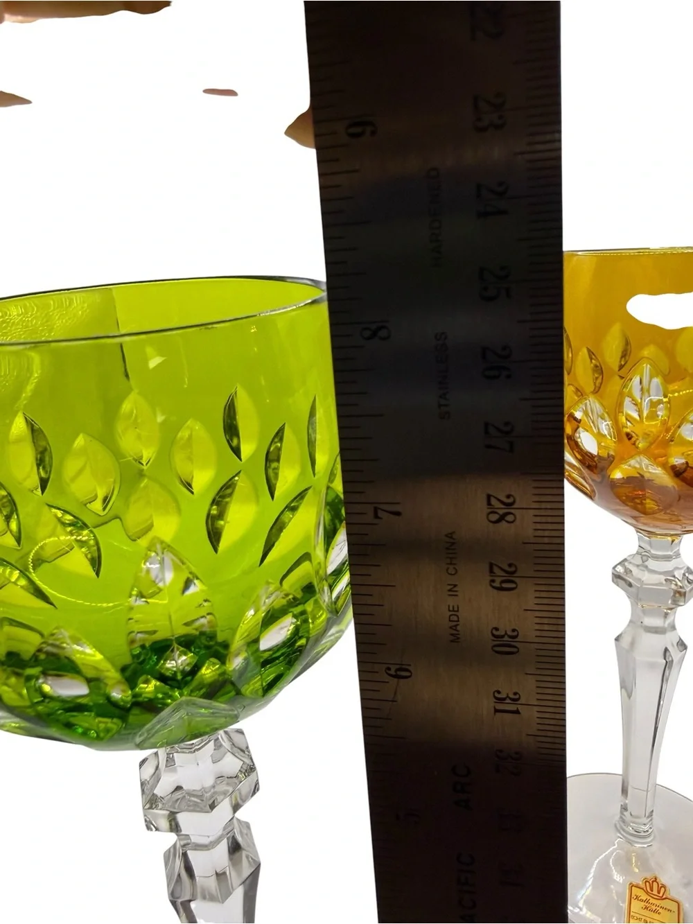 Katharinen Hutte Cut Crystal Colored Wine Glasses - Green & Amber Set of 2